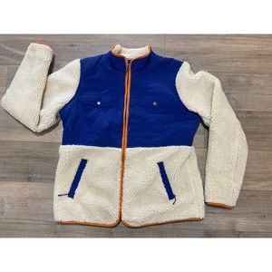 Duluth Trading Co Burly Sherpa Mens Large Deep Pile Oatmeal Beige N Blue Jacket